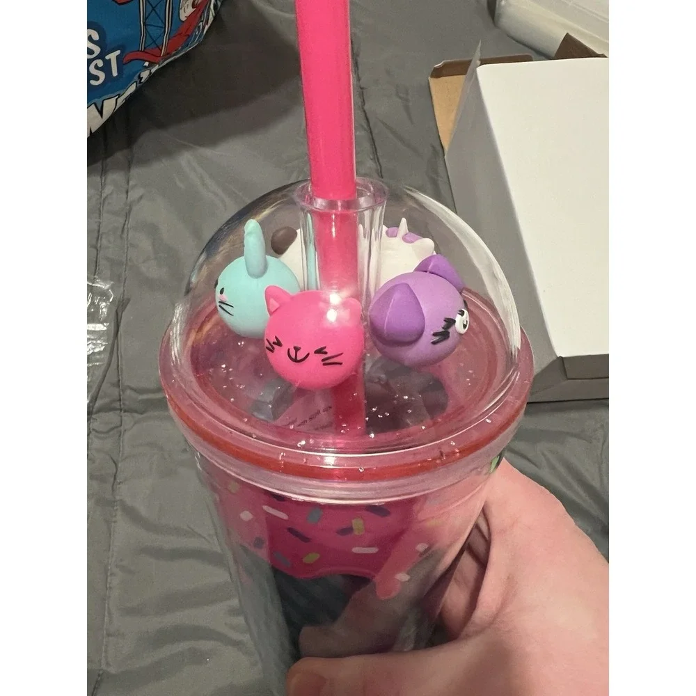 NIB Claire's Panda Bear Snow globe Pink Sprinkles Tumbler With Straw‎